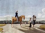 Banks Canvas Paintings - Gentleman on Horseback and Country Girl on the Banks of the Isar near Munich